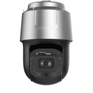 Security camera with black and silver casing.