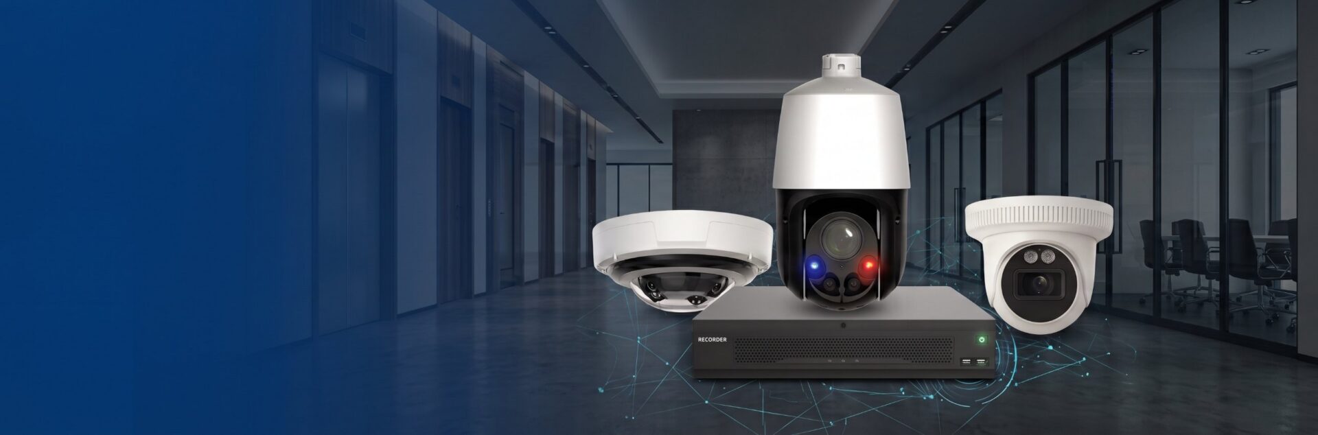 Hunt NDAA PTZ, multi-sensor and turret cameras with an NVR in a modern office lobby